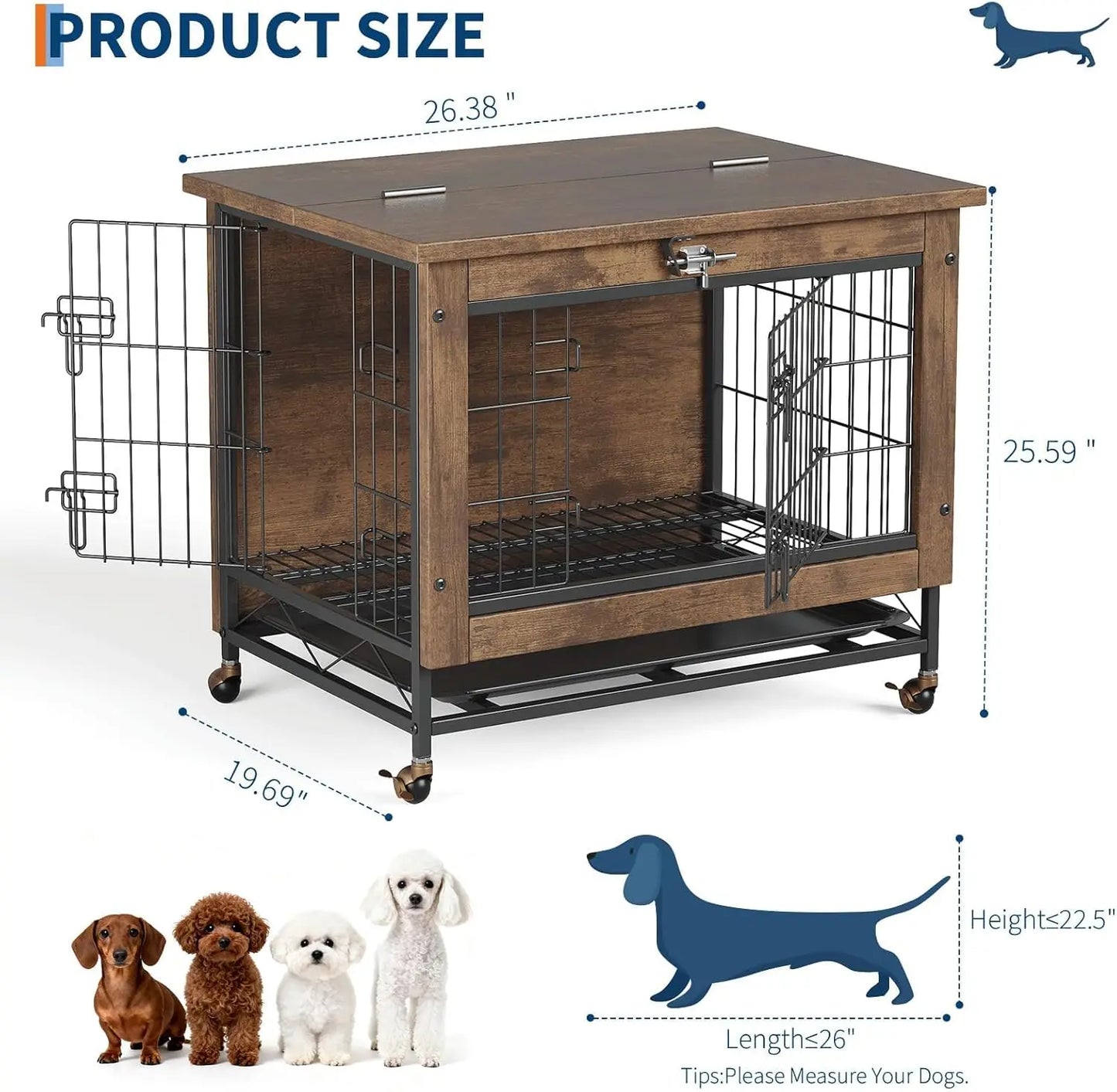 HiMISS Rustic Dog Crate Furniture With Wheels End Table