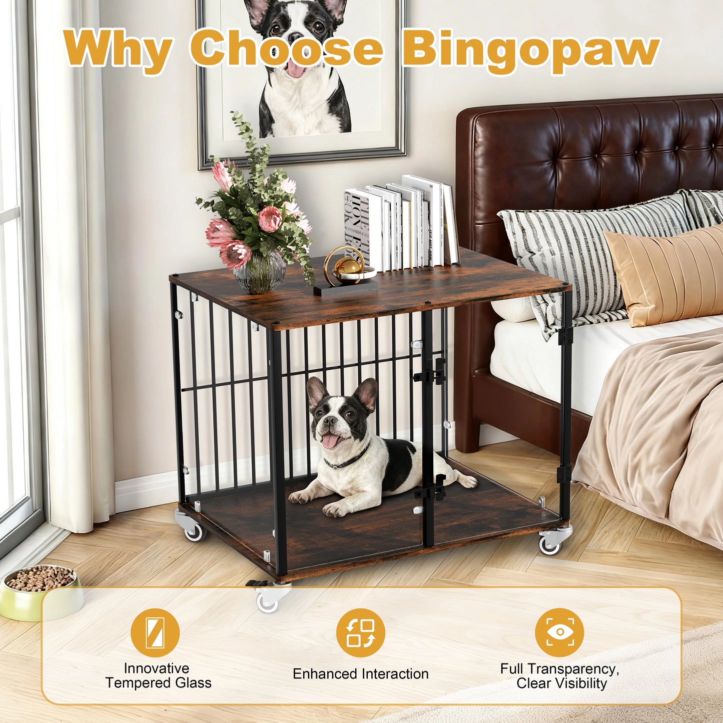 BINGOPAW Tempered Glass Dog Crate Side Table With Wheels