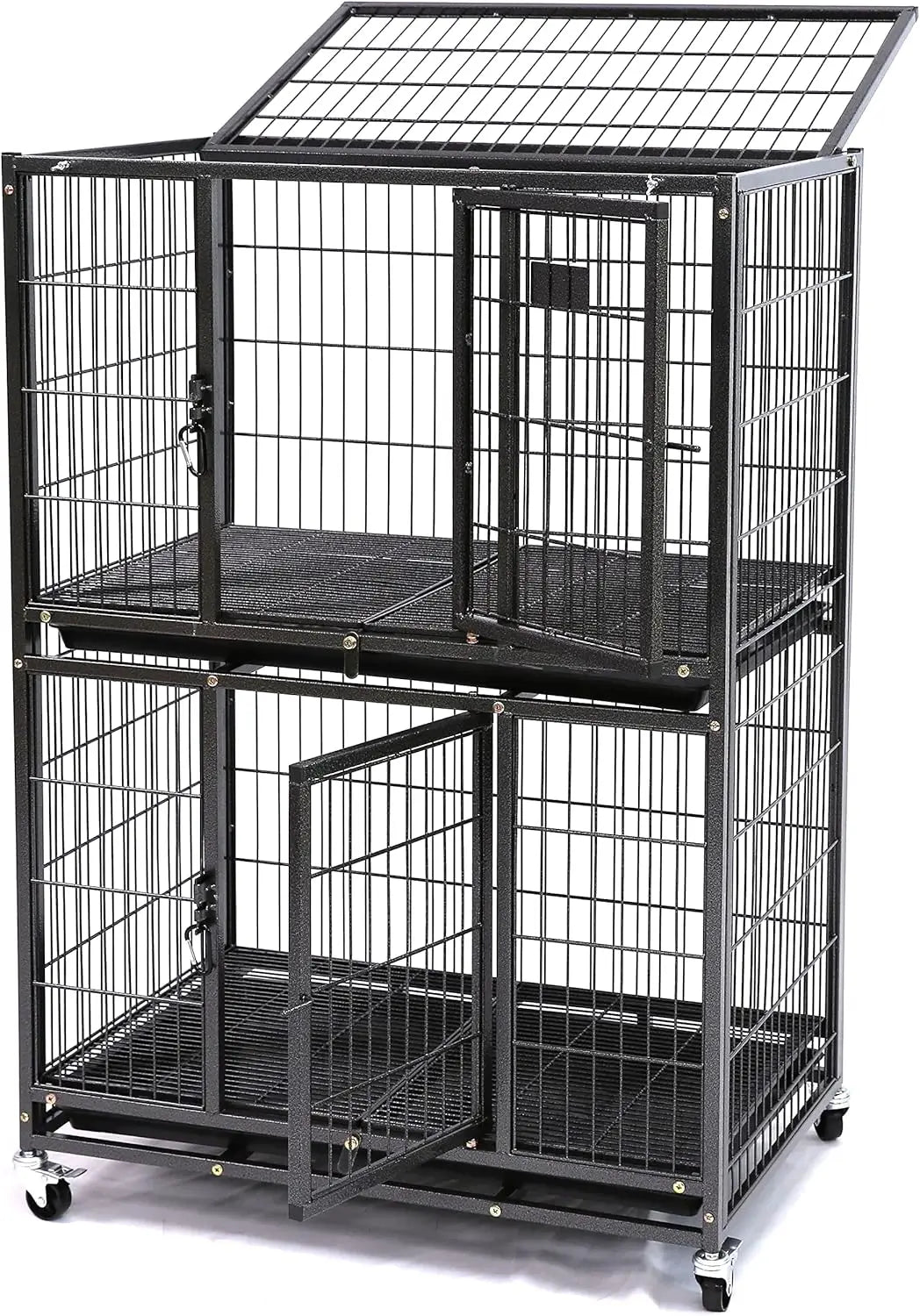 Two-Tier Heavy-Duty Dog Crate With Lockable Wheels