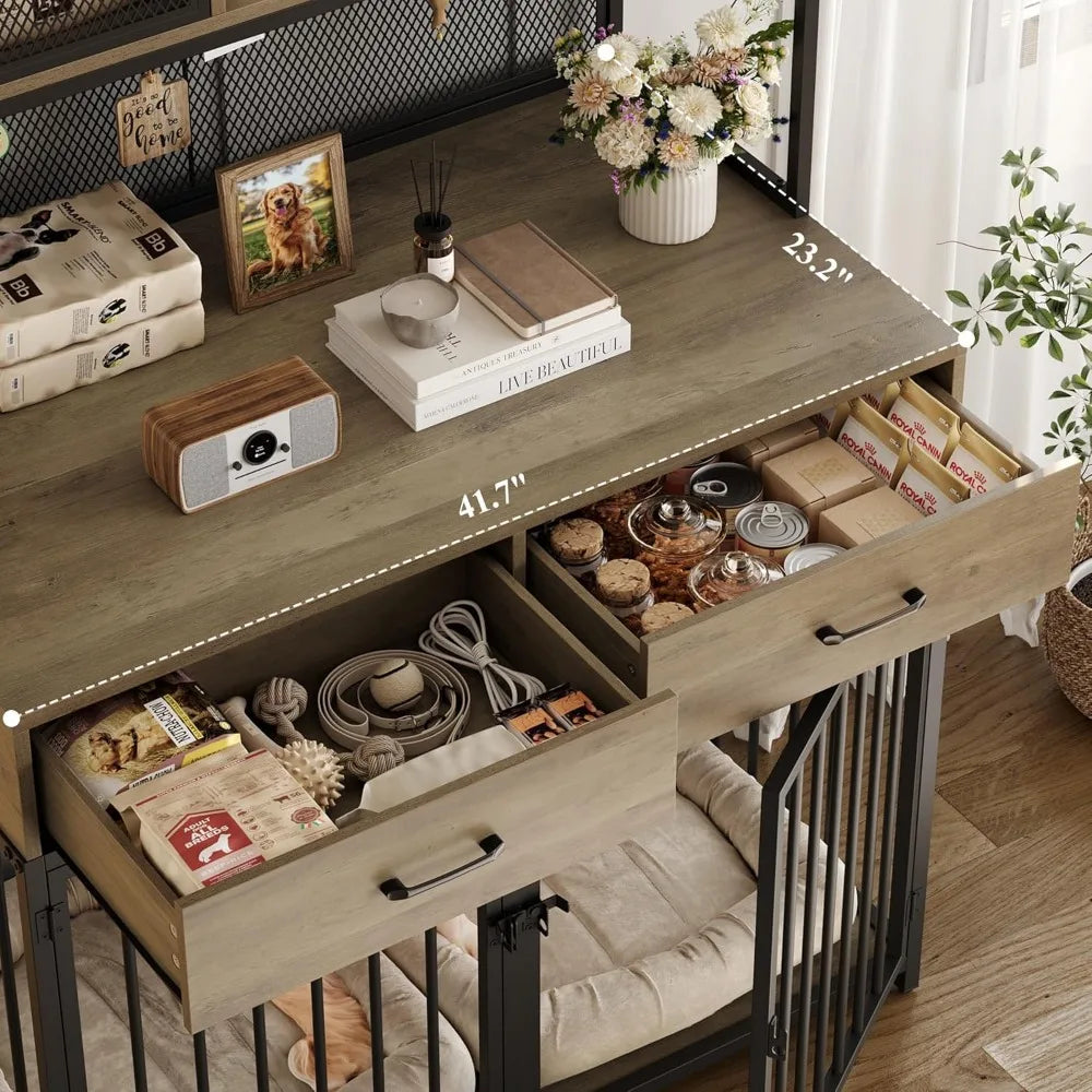 TIFICY Wood Dog Crate With Hutch And Drawer Storage