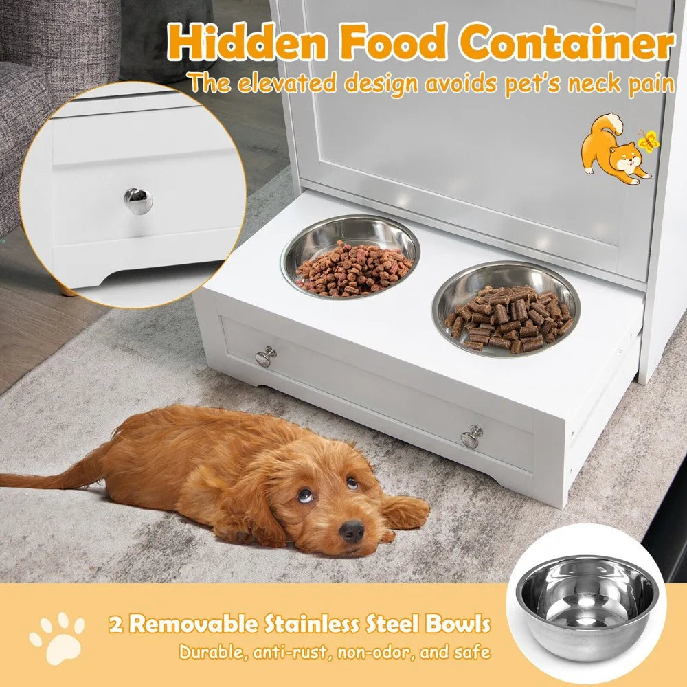 Pet Feeding Station With Double Pull-Out Dog Bowl Cabinet