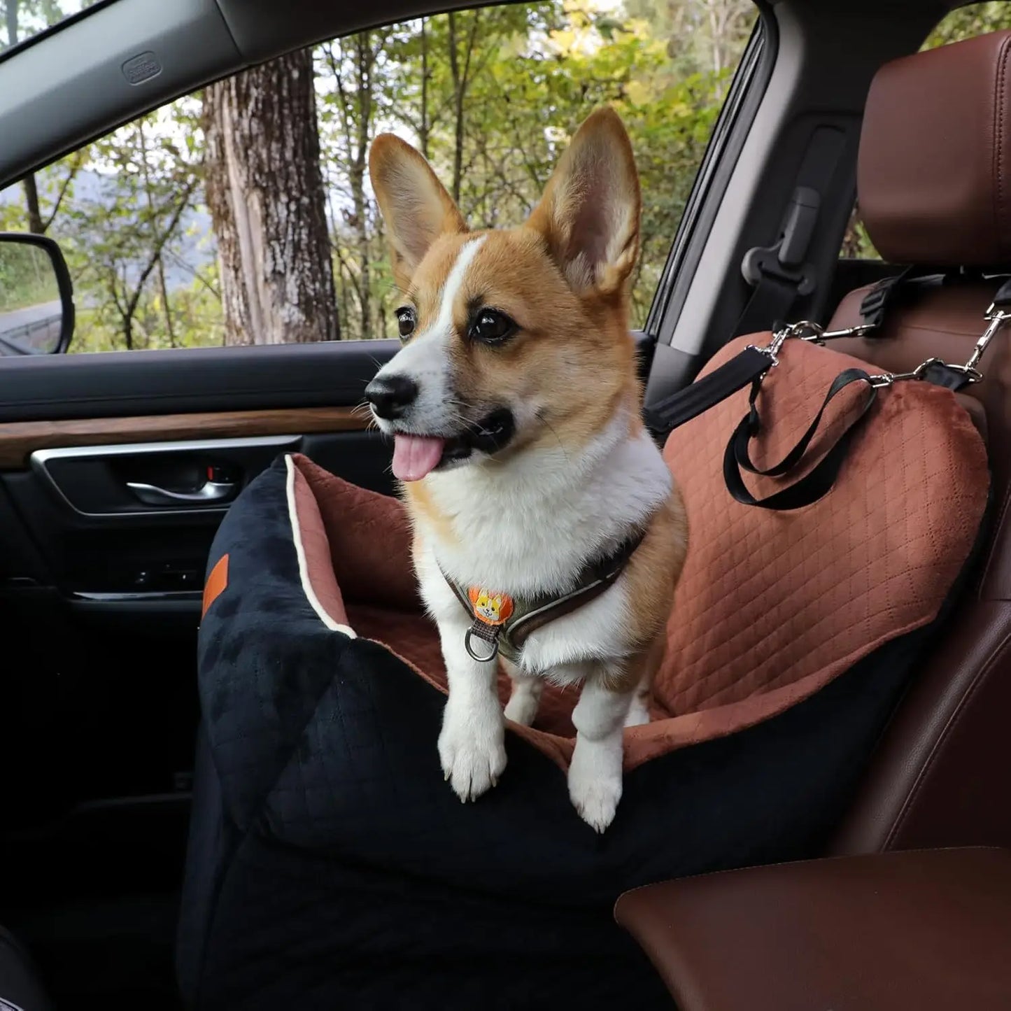 Elevated Pet Car Booster Seat With Safety Leashes And Storage Pockets
