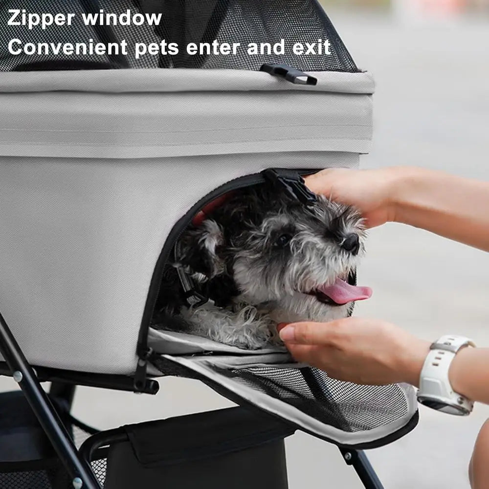Folding 4-Wheel Pet Stroller with Storage, Adjustable Handle, and Carrier for Small Dogs and Cats - Ideal for Travel (Grey)