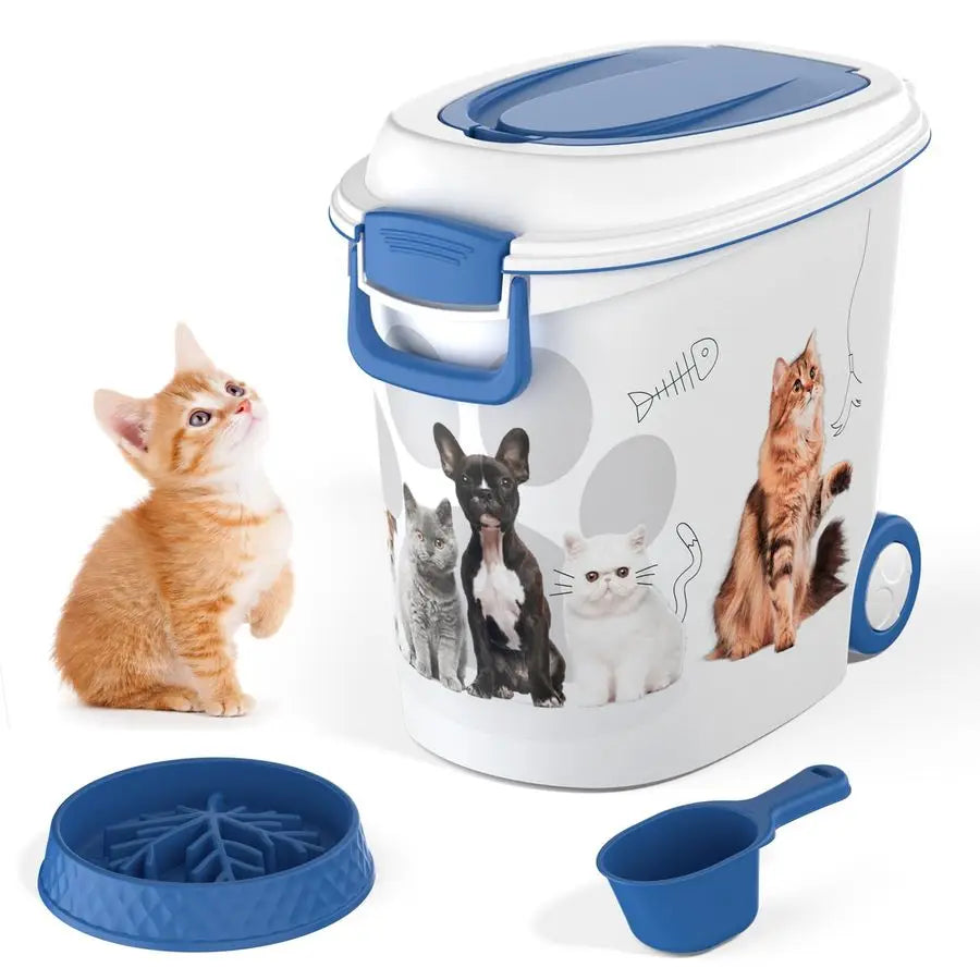 Pet Food Storage Container With Scoop And Slow Feeder Bowl