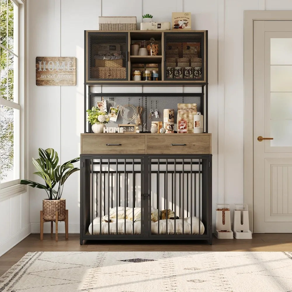 TIFICY Wood Dog Crate With Hutch And Drawer Storage