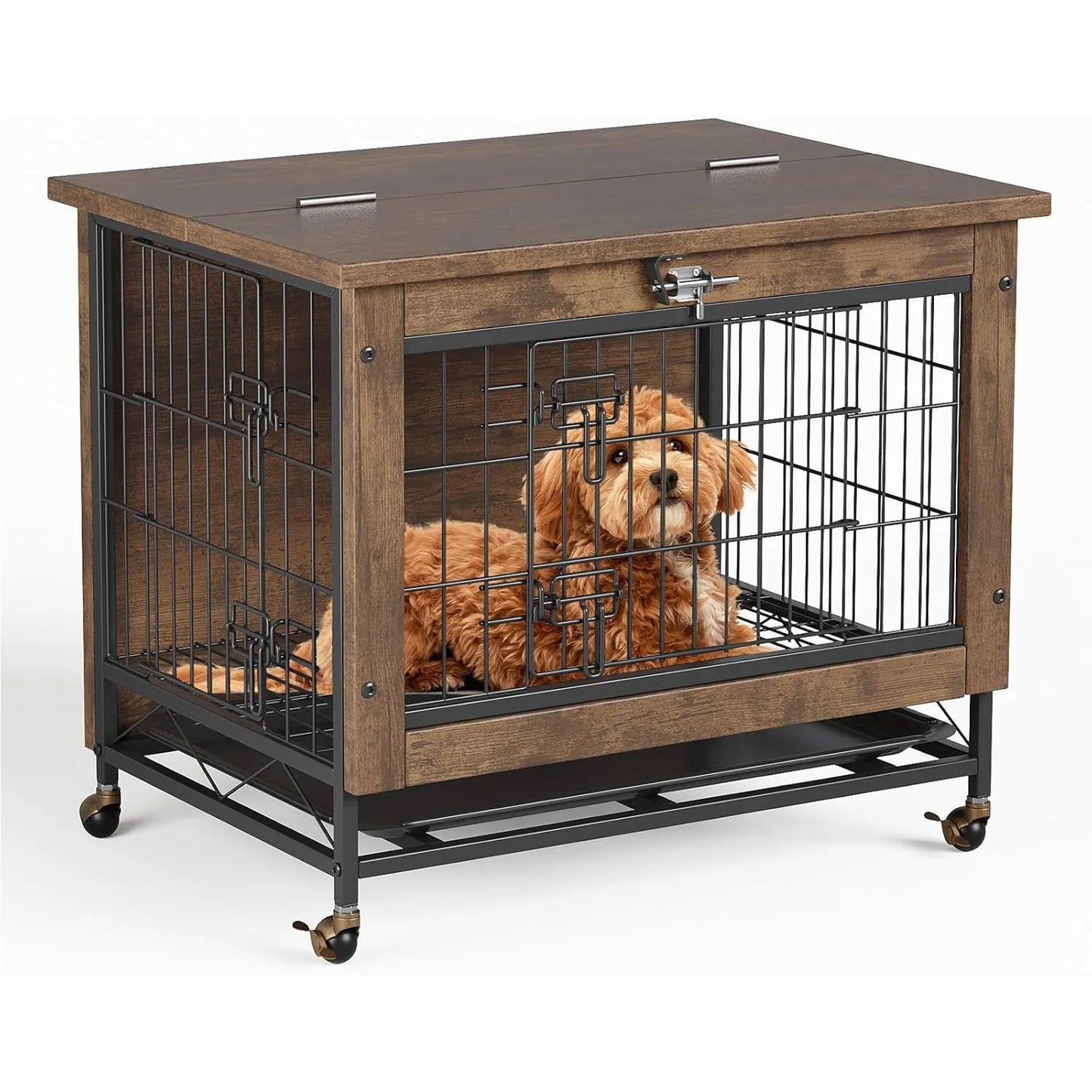 HiMISS Rustic Dog Crate Furniture With Wheels End Table
