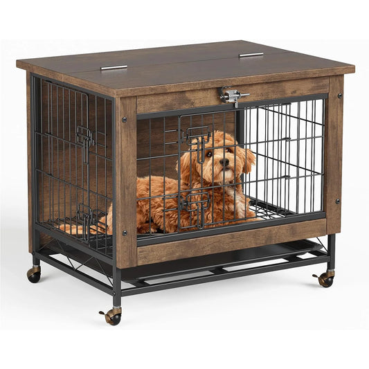 HiMISS Rustic Dog Crate Furniture With Wheels End Table