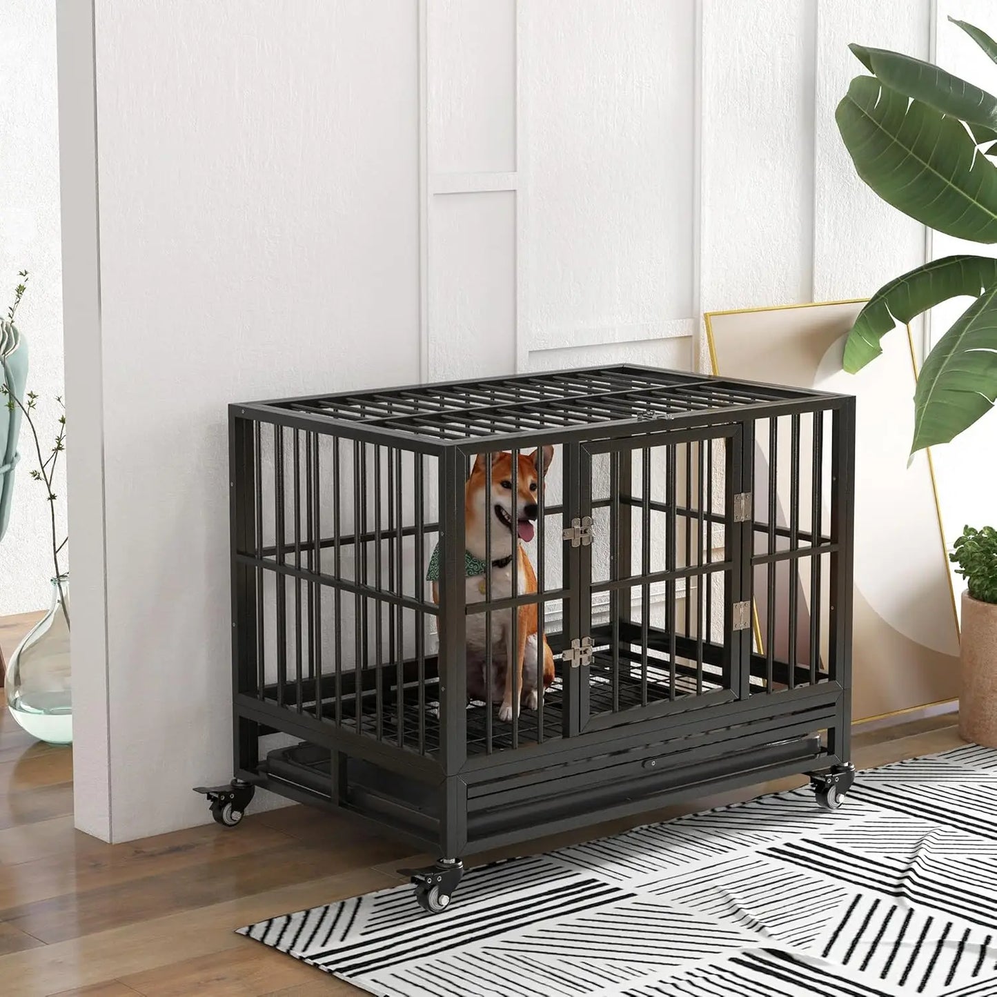 Heavy Duty Dog Crate With Lockable Wheels And Tray
