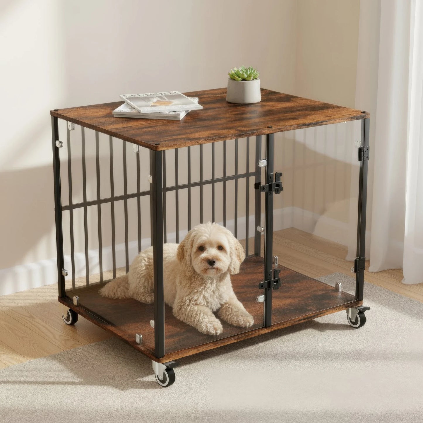 BINGOPAW Tempered Glass Dog Crate Side Table With Wheels