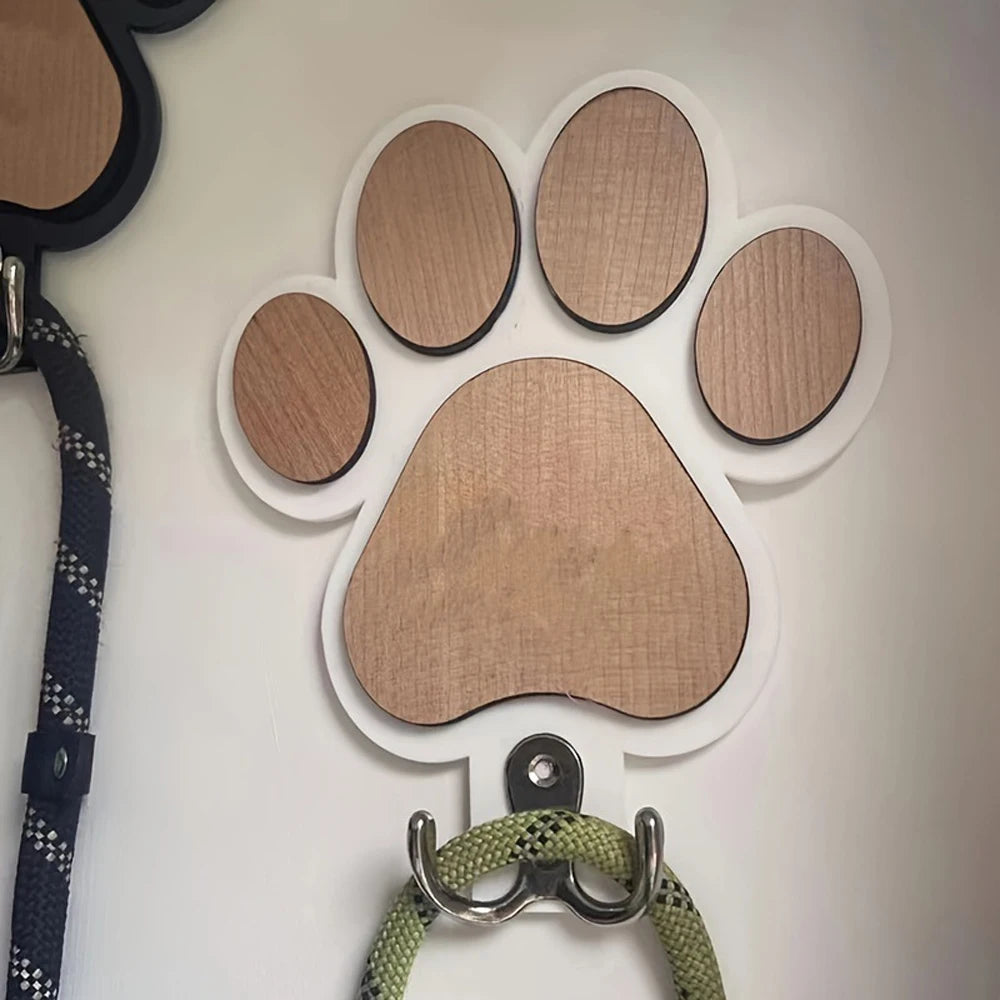 Paw Print Wooden Dog Leash Hanger Wall Hook Holder