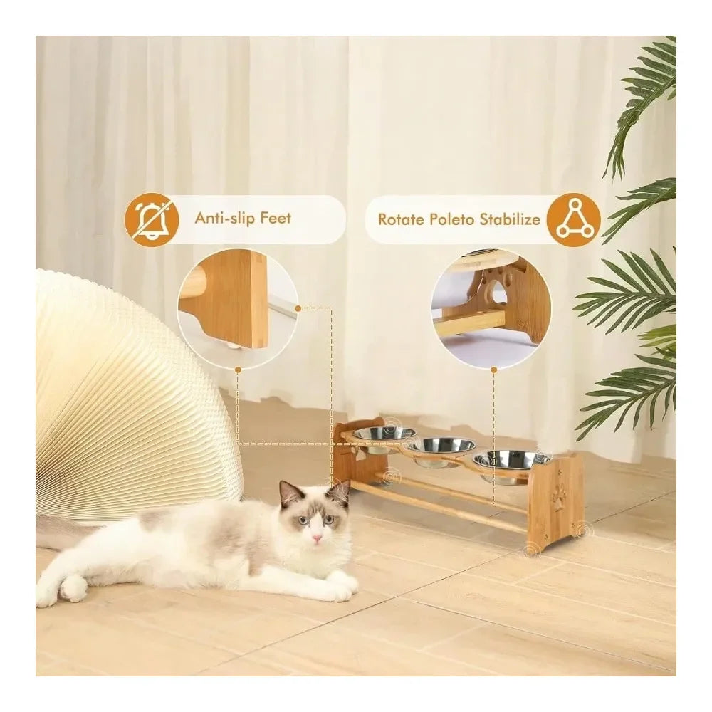 Adjustable Bamboo Raised Dog Bowl Set For Cats And Dogs