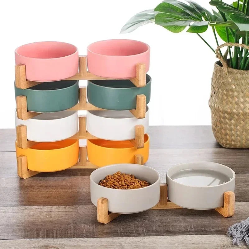 Ceramic Pet Bowl With Elevated Wood Stand No Spill