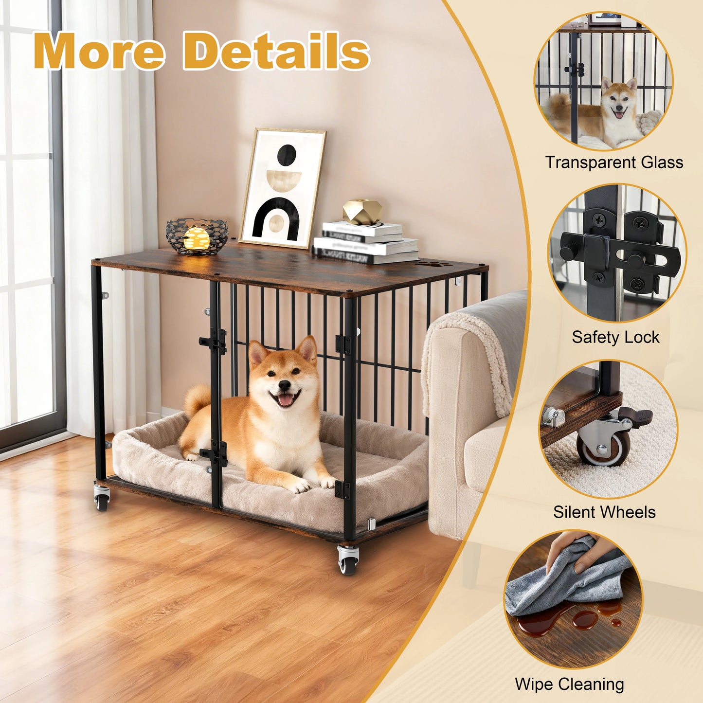 BINGOPAW Tempered Glass Dog Crate Side Table With Wheels