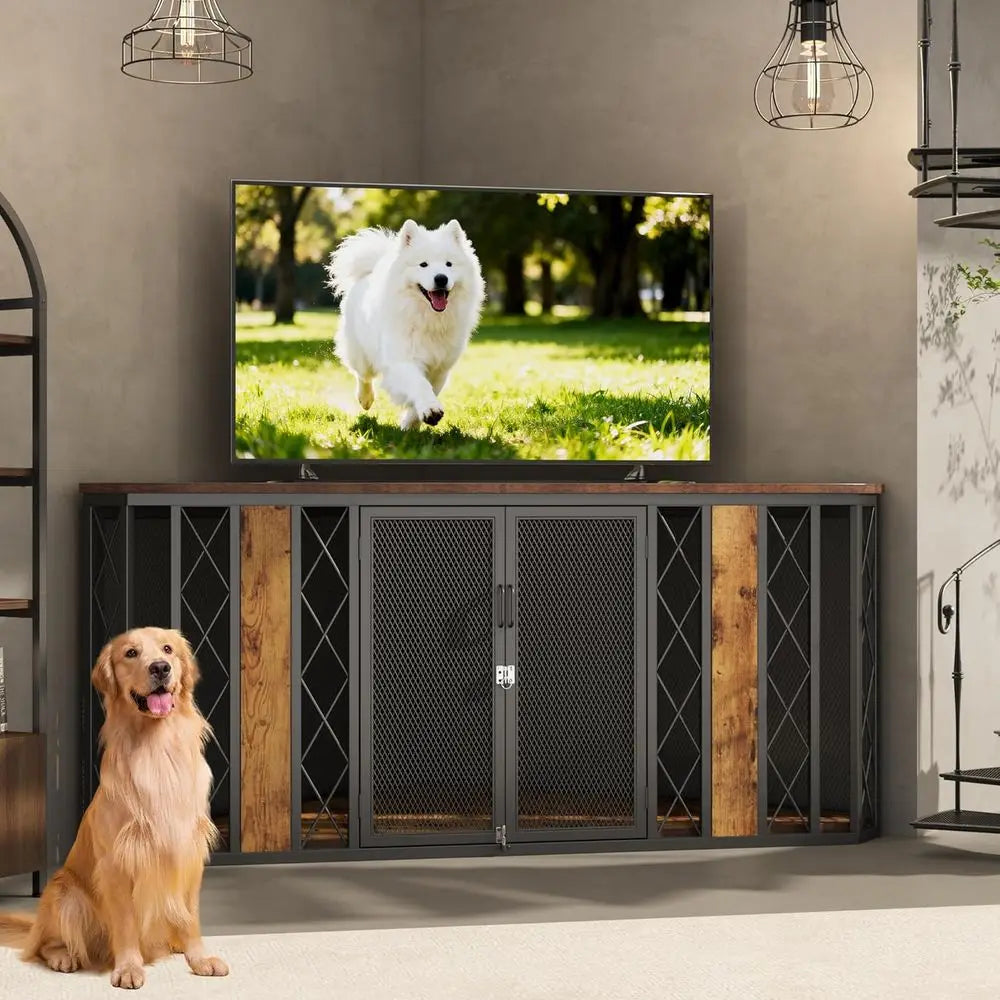 Corner Wooden Dog Crate Furniture Diamond Metal Decoration