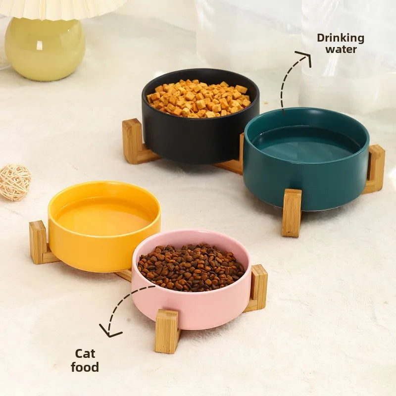 Ceramic Pet Bowl With Elevated Wood Stand No Spill