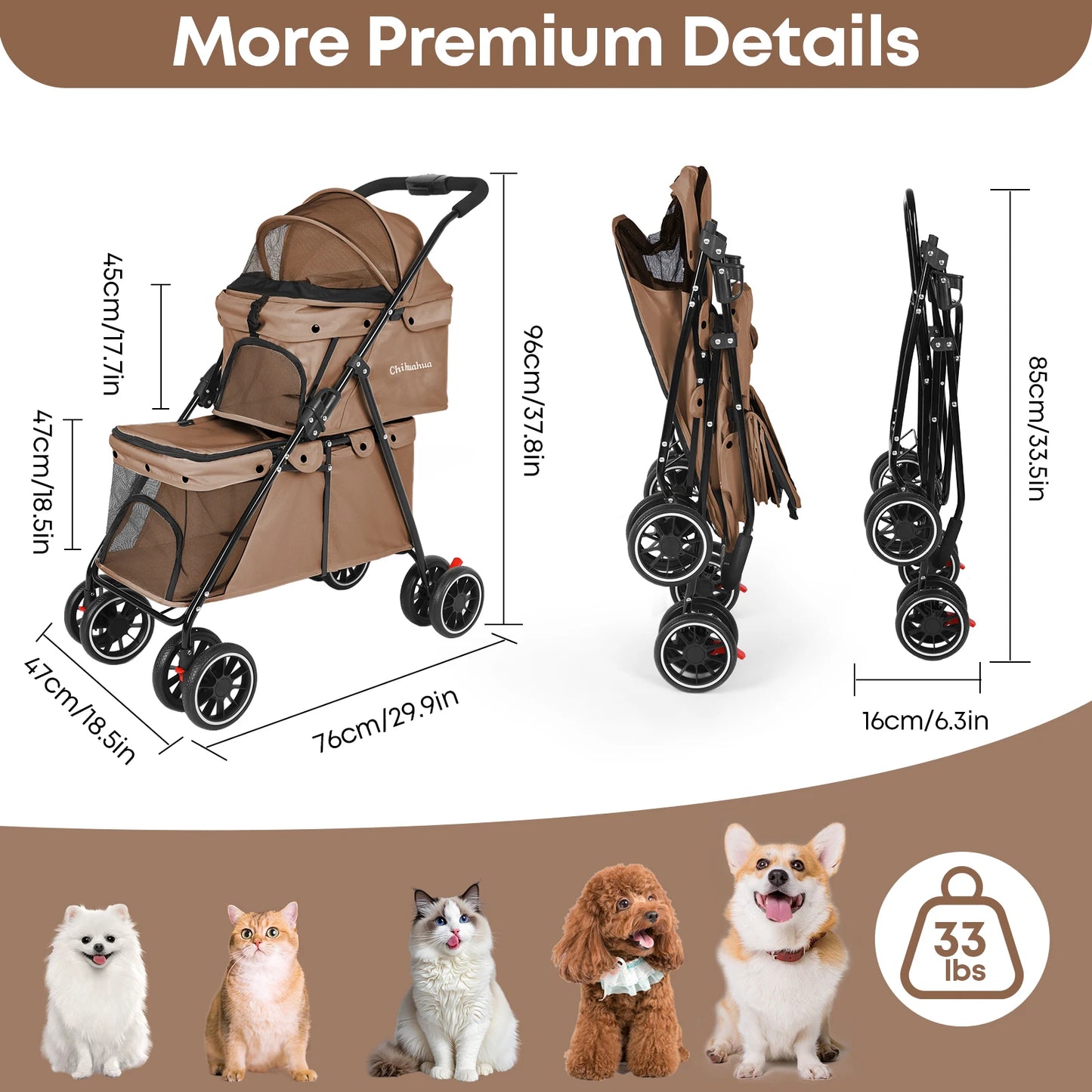 CHIHUAHU Foldable Double Pet Stroller With Detachable Carriers