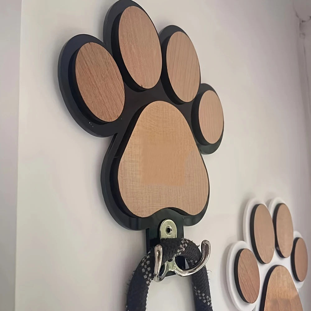 Paw Print Wooden Dog Leash Hanger Wall Hook Holder