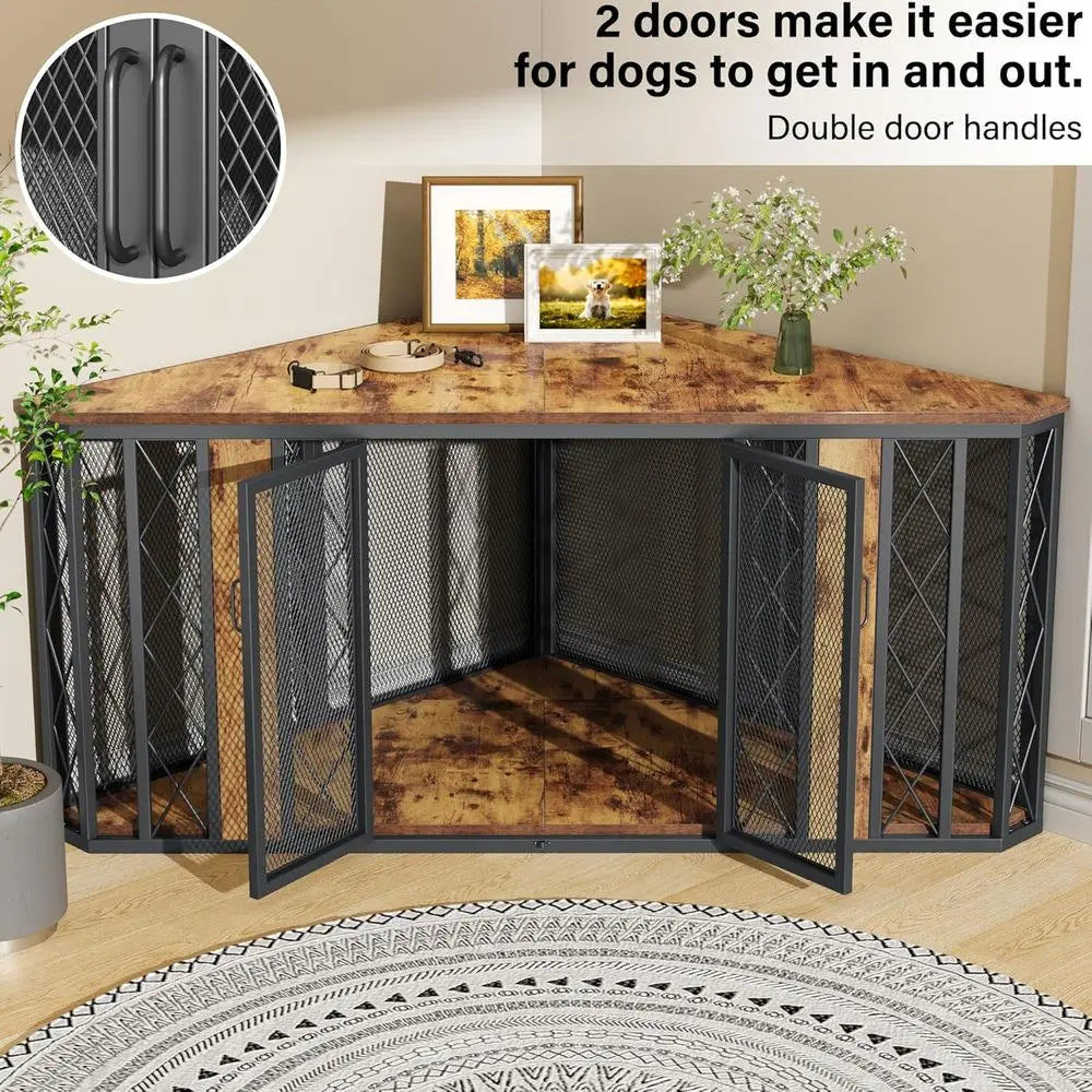Corner Wooden Dog Crate Furniture Diamond Metal Decoration