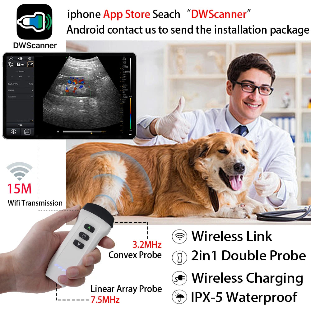DAWEI Wireless Color Doppler Veterinary Ultrasound Scanner 2in1