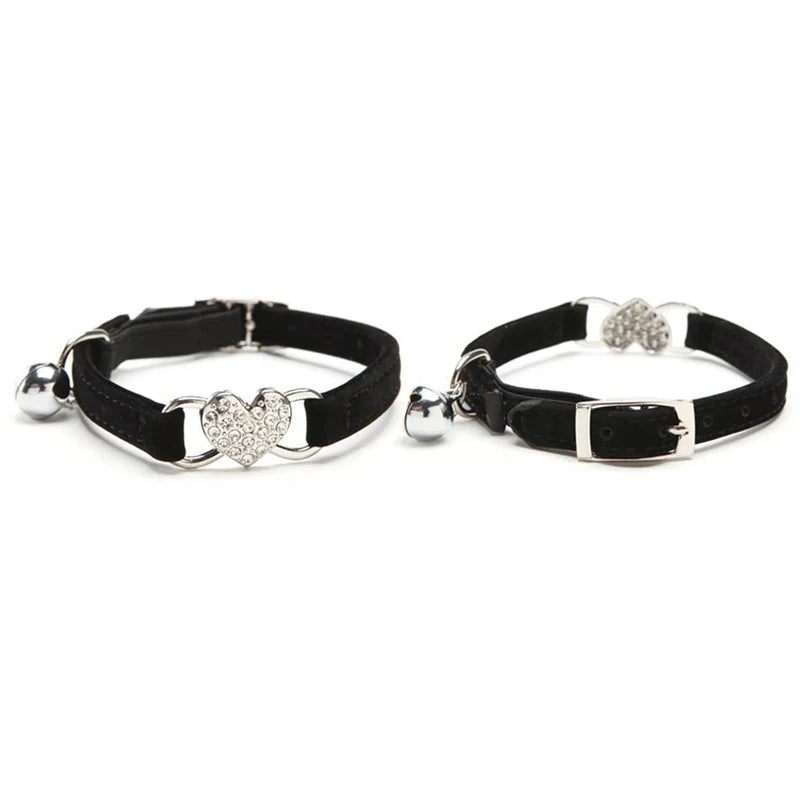 NONED Heart Charm Bell Cat Collar Elastic Adjustable Velvet