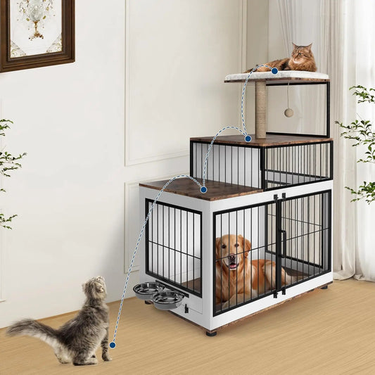HiMISS Dog Crate Furniture With Cat Tower And Shelves