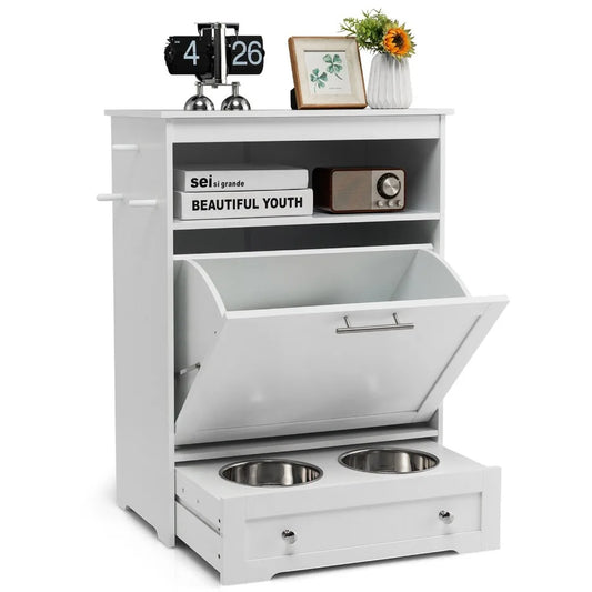 Pet Feeding Station With Double Pull-Out Dog Bowl Cabinet