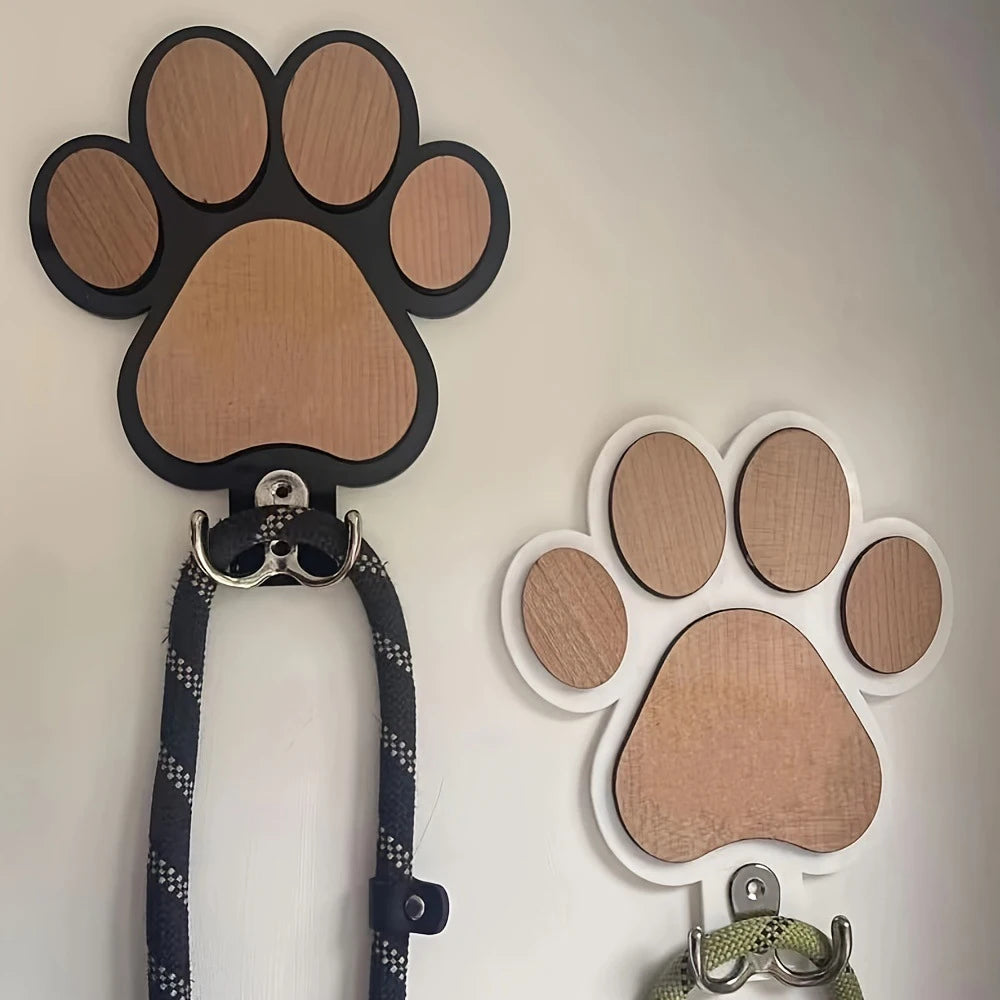 Paw Print Wooden Dog Leash Hanger Wall Hook Holder
