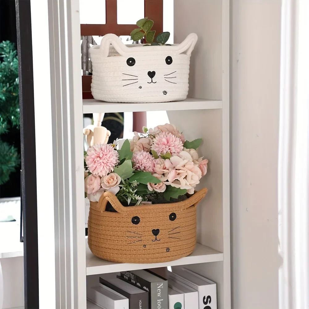Cat Basket Storage Woven Organizer With Ears Decorative Toy Bin