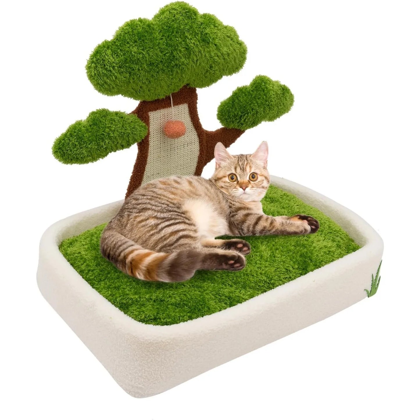 Cat House With Pine Tree Scratching Post And Plush Bed