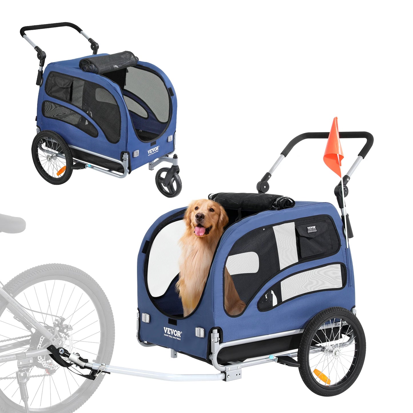 SucceBuy 100 lbs Dog Bike Trailer 2-in-1 Pet Stroller Cart Bicycle Carrier with Wheels Coupler Reflectors Flag for Dogs Travel