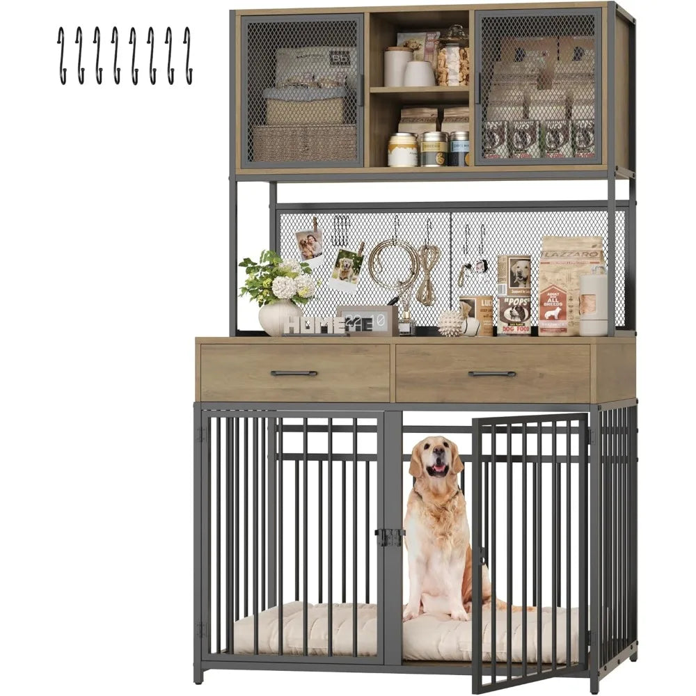 TIFICY Wood Dog Crate With Hutch And Drawer Storage