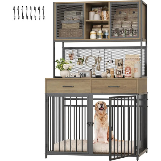 TIFICY Wood Dog Crate With Hutch And Drawer Storage