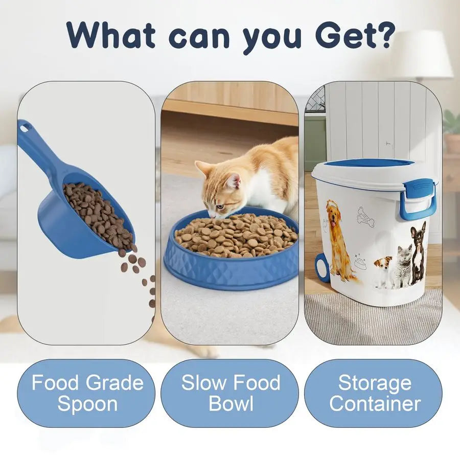 Pet Food Storage Container With Scoop And Slow Feeder Bowl