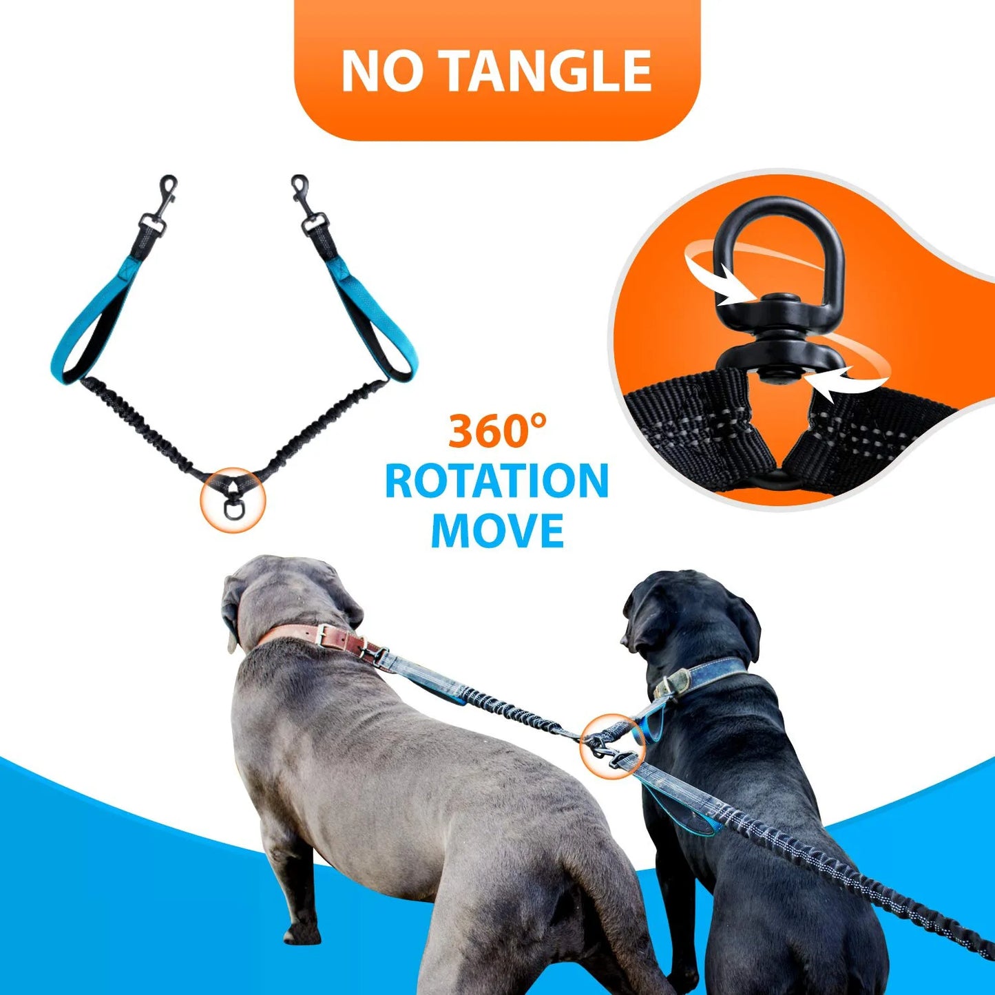 DCLOUD Hands Free Double Dog Leash For Two Dogs With Reflective Stitches