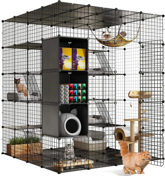 Indoor Cat Cage With Hammock And Storage 5-Tier Metal Playpen
