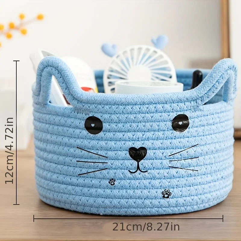 Cat Basket Storage Woven Organizer With Ears Decorative Toy Bin