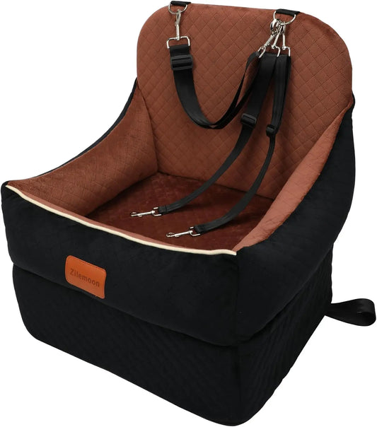 Elevated Pet Car Booster Seat With Safety Leashes And Storage Pockets