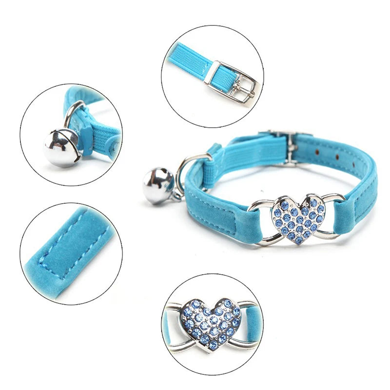 NONED Heart Charm Bell Cat Collar Elastic Adjustable Velvet