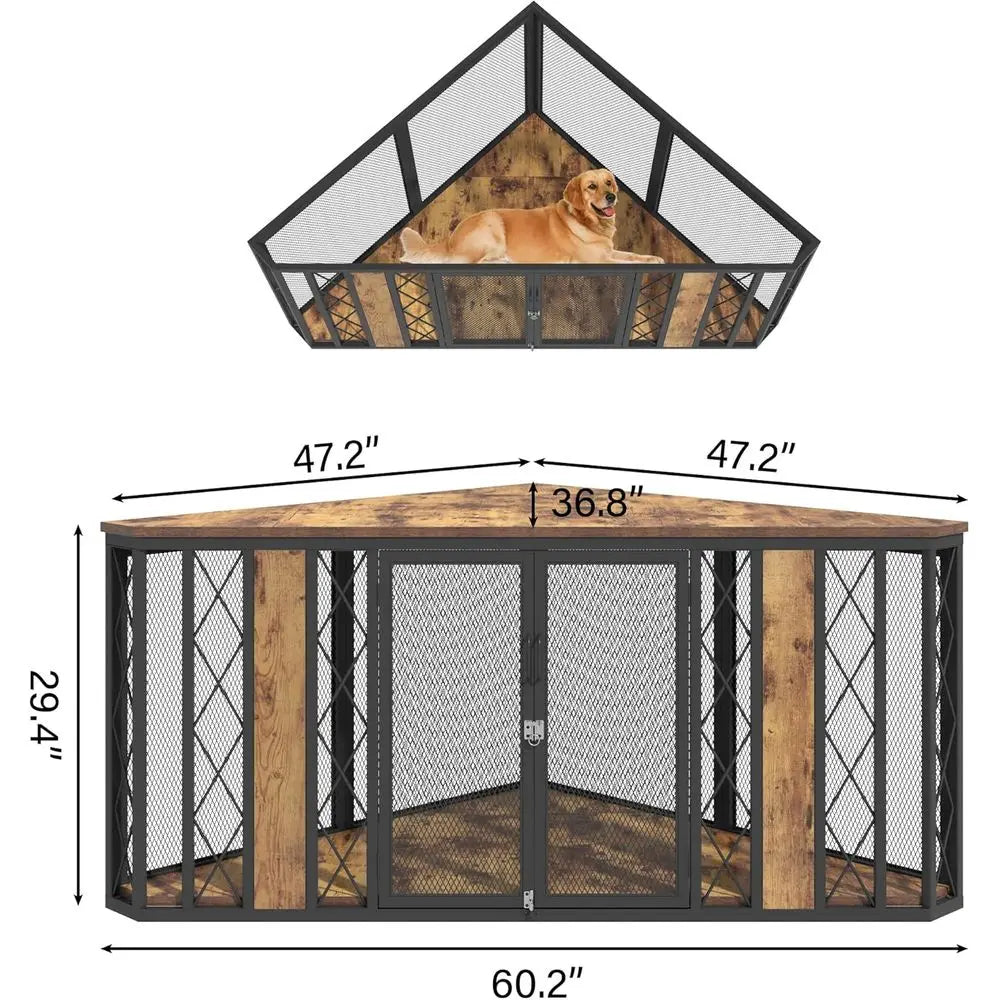 Corner Wooden Dog Crate Furniture Diamond Metal Decoration