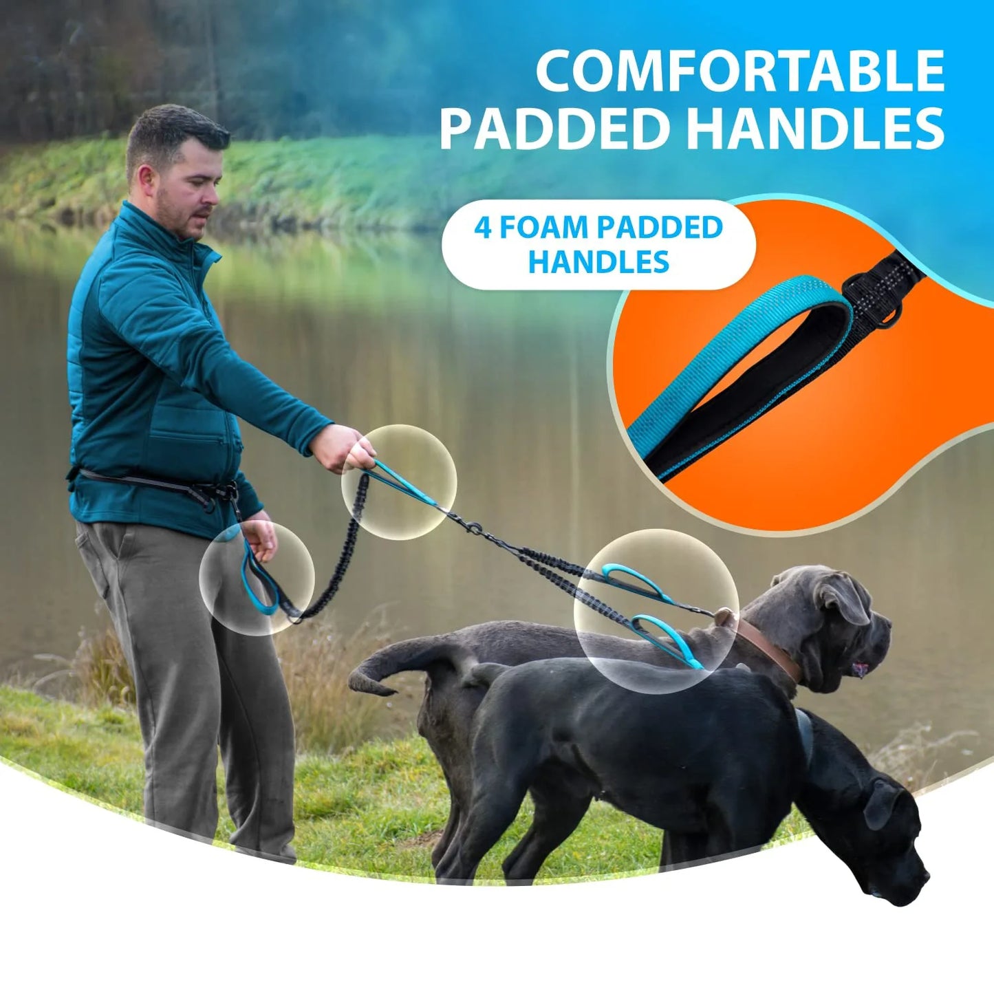 DCLOUD Hands Free Double Dog Leash For Two Dogs With Reflective Stitches
