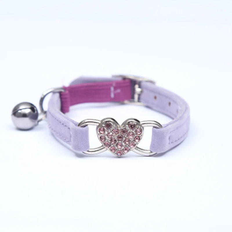 NONED Heart Charm Bell Cat Collar Elastic Adjustable Velvet