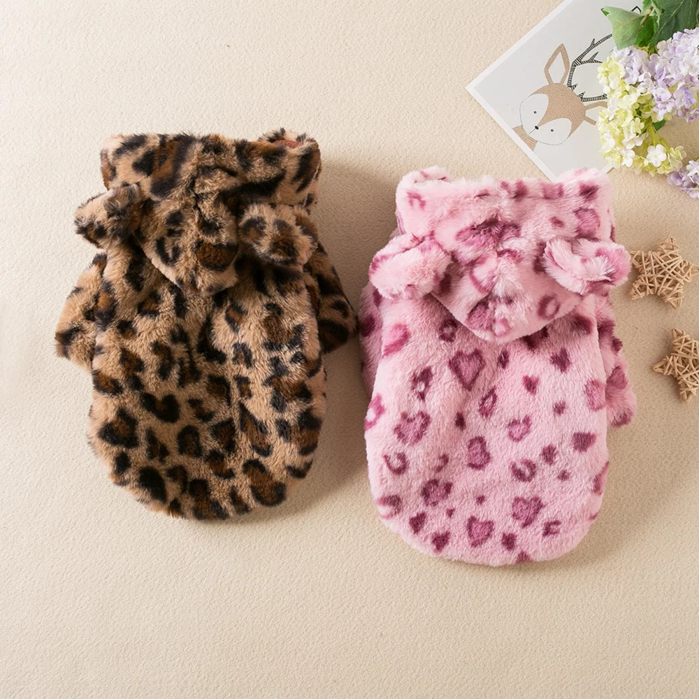 NONECN Winter Leopard Fleece Dog Hoodie Coat For Small Dogs