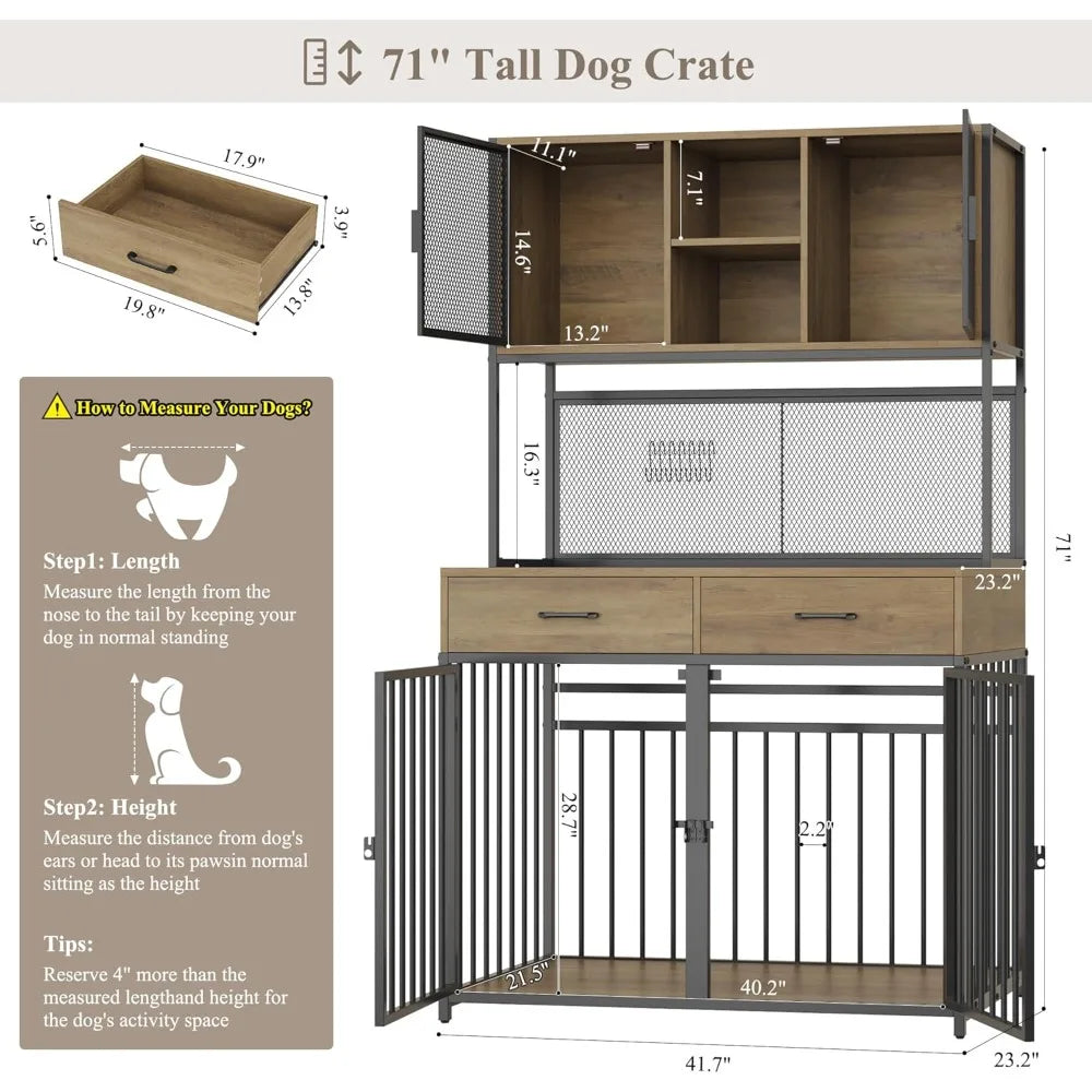TIFICY Wood Dog Crate With Hutch And Drawer Storage