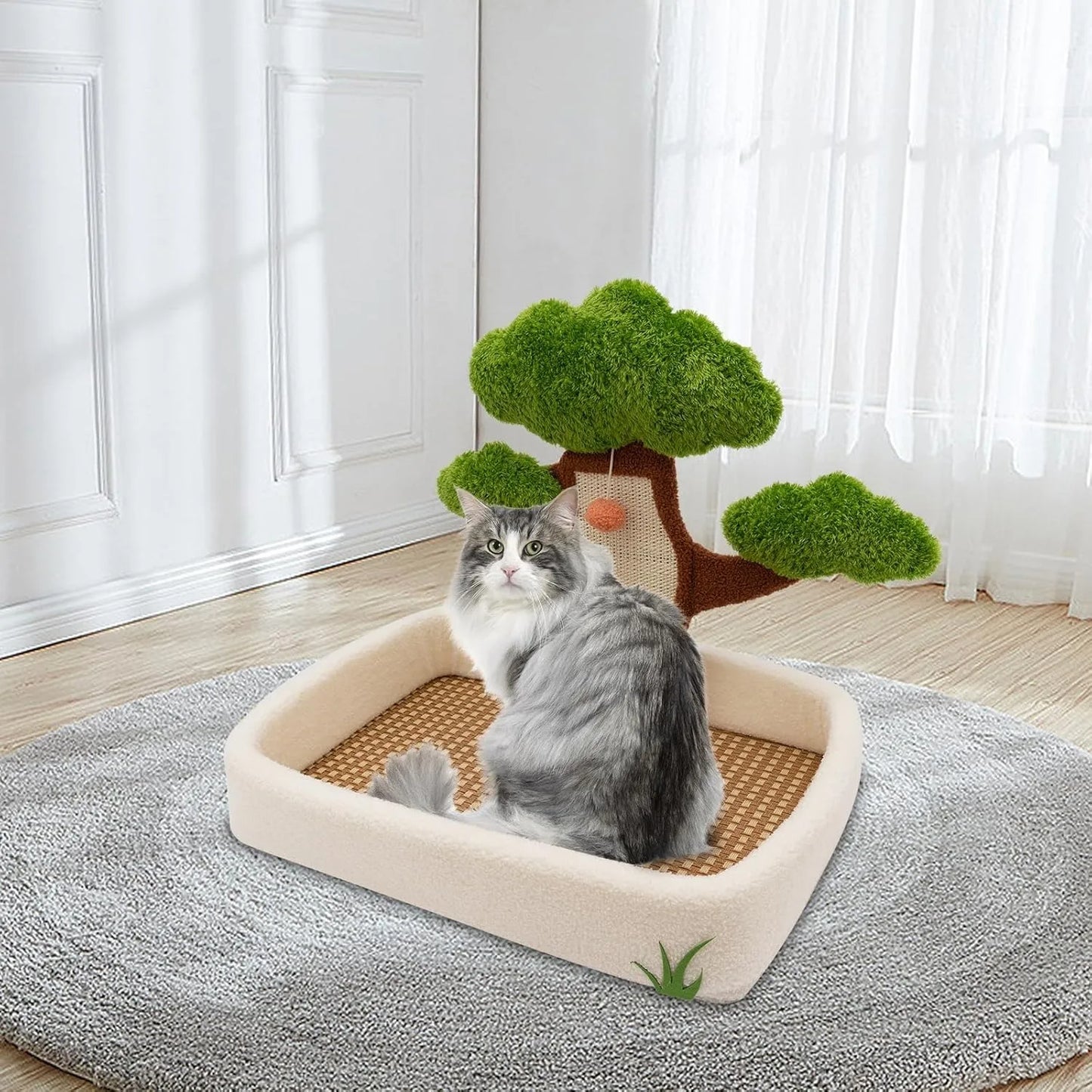 Cat House With Pine Tree Scratching Post And Plush Bed