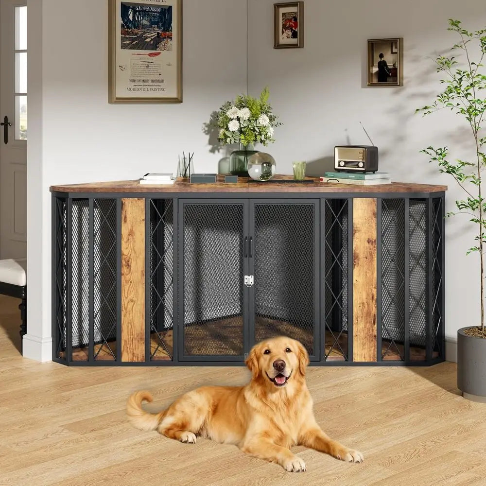 Corner Wooden Dog Crate Furniture Diamond Metal Decoration