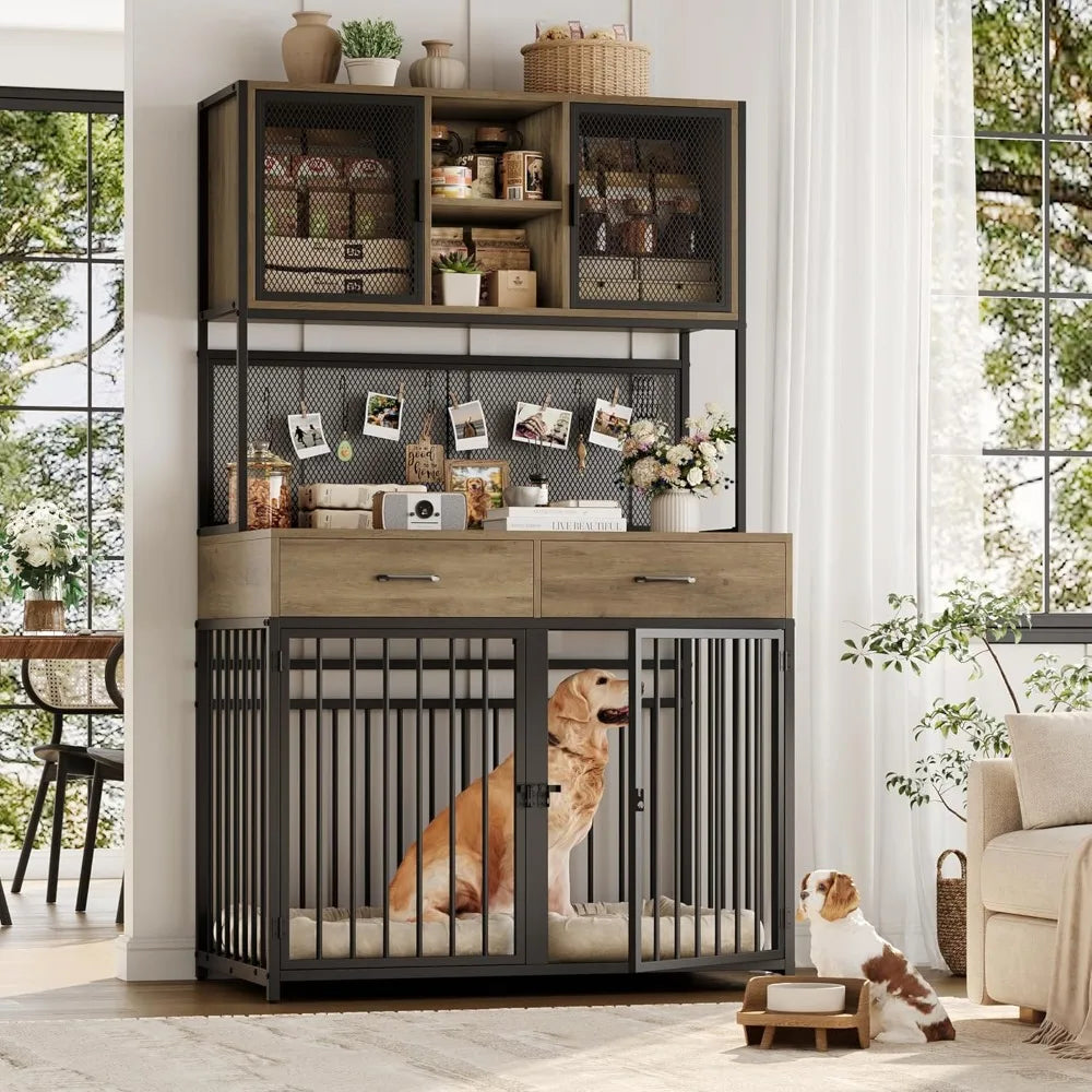 TIFICY Wood Dog Crate With Hutch And Drawer Storage