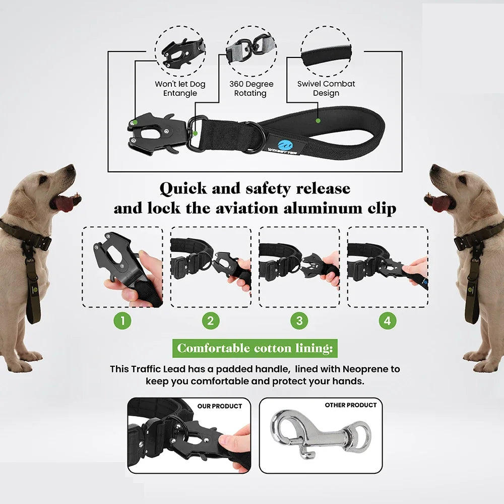 Short Dog Leash Traffic Padded Handle Heavy Duty Short Nylon Dog Lead for Training Control Reflective Threads Pet Leash