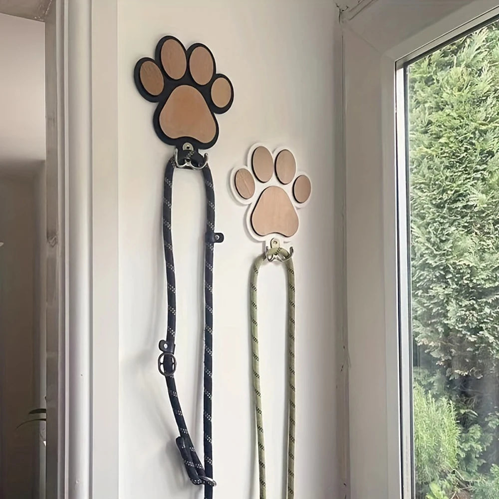 Paw Print Wooden Dog Leash Hanger Wall Hook Holder