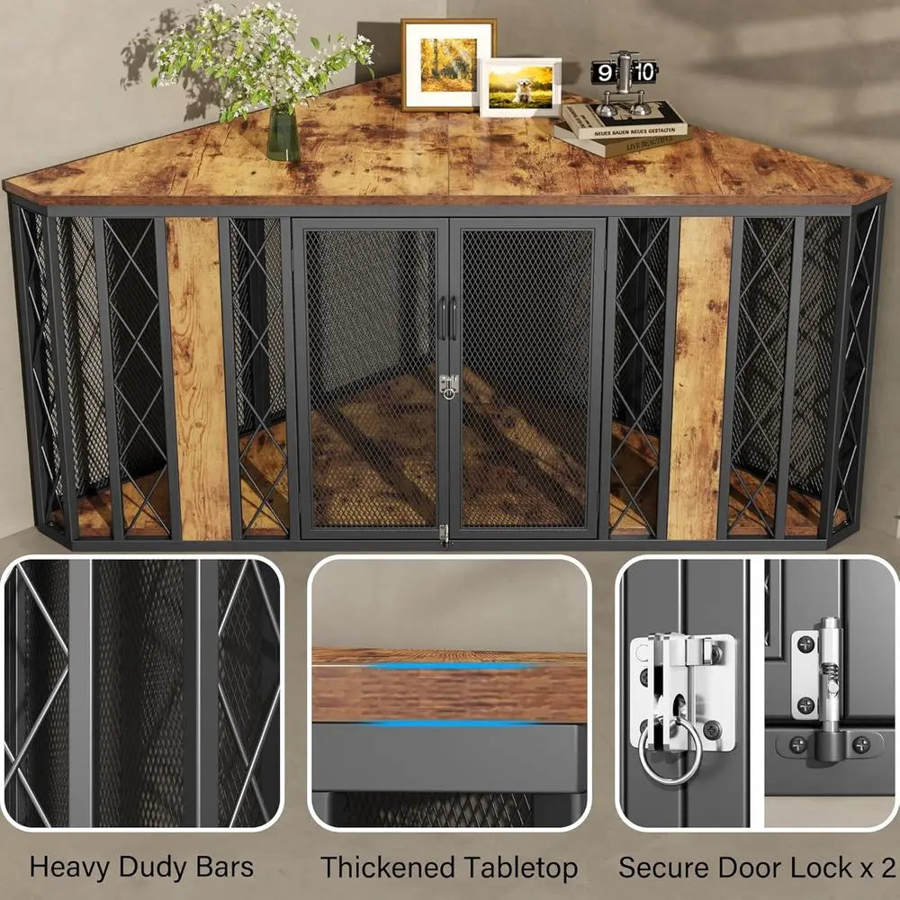 Corner Wooden Dog Crate Furniture Diamond Metal Decoration