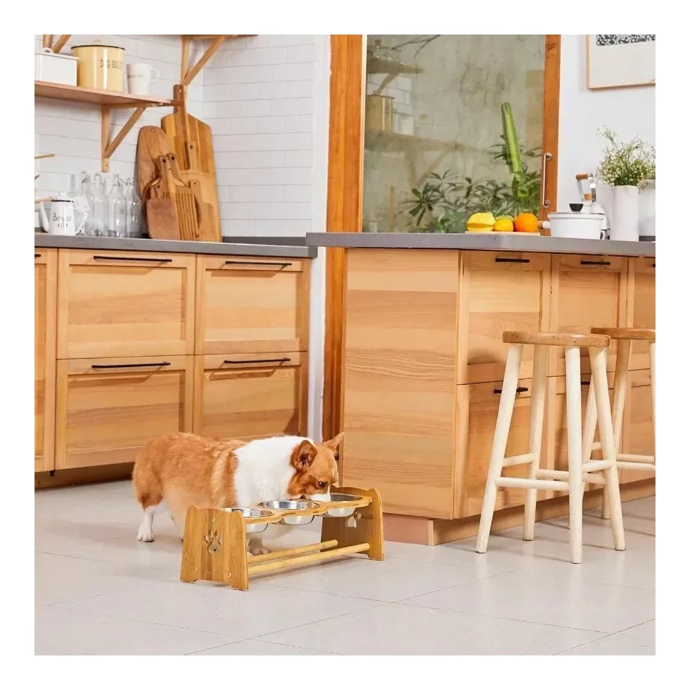 Adjustable Bamboo Raised Dog Bowl Set For Cats And Dogs